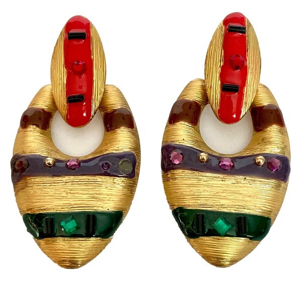 The Unbranded Brand Jewelry - Vintage 80s Gold Tone Colorful Door Knocker Earrings Green Red Purple Rhinestone